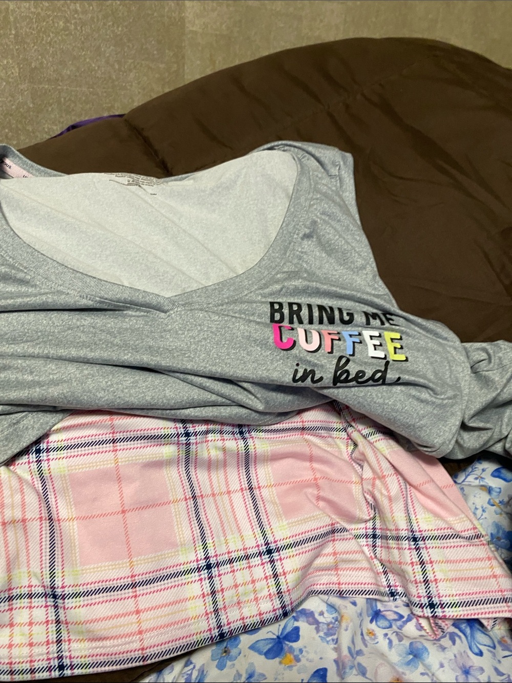 Cozy Grey & Pink Plaid Women’s Pajama Set - Bring Me Coffee Graphic